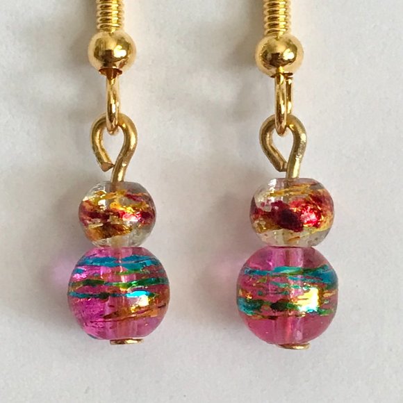 Pink Aqua Blue Murano Glass Earrings Bead Hand Painted Round Gold Plated Dangle - Picture 8 of 13